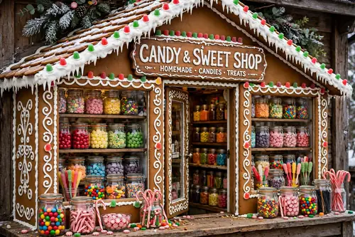 Photorealistic photograph of a gingerbread house styled as a candy sweet shop with jars of colorful candies