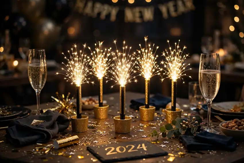 LED sparkler table toppers glowing on a New Year's Eve party table