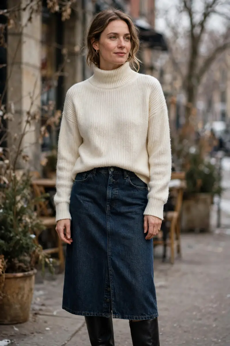 Woman in a cream roll-neck sweater with a dark denim midi skirt and knee-high boots