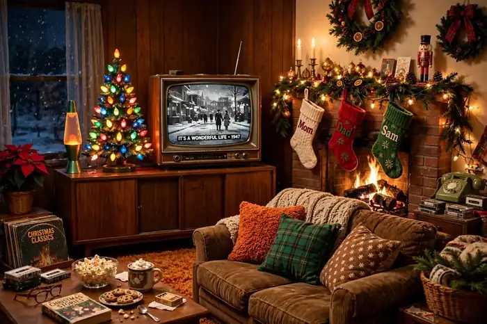 Nostalgic Christmas living room with retro decorations and a classic holiday film on television