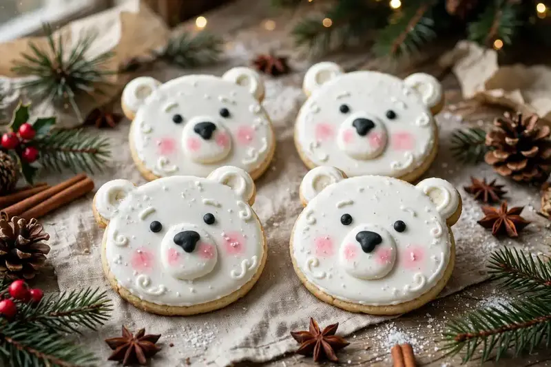 Polar bear face cookies with white icing, black noses and rosy cheeks