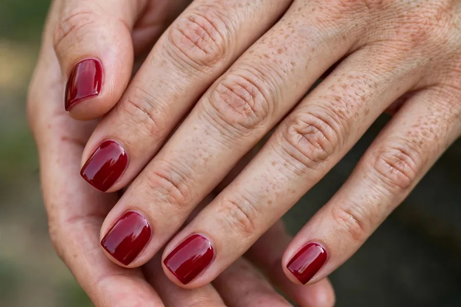 Short square cranberry nails with glossy finish