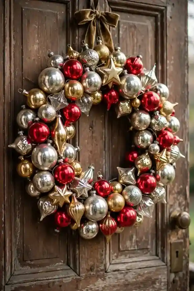Christmas wreath made of antique glass ornaments in red gold and silver