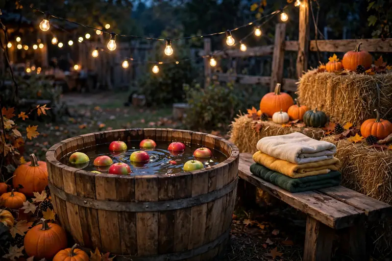 Apple bobbing game station with wooden tub of floating apples at an outdoor party