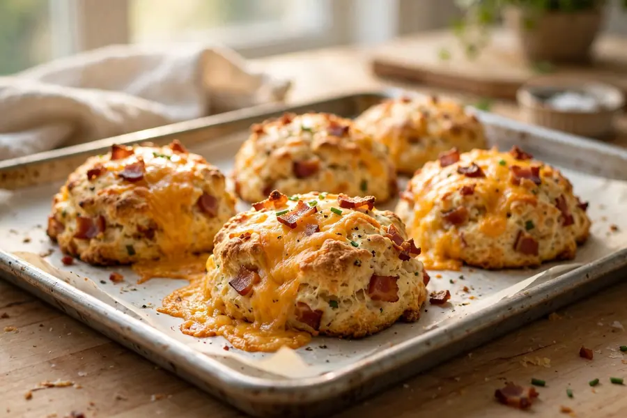 Bacon and cheddar scones with melted cheese on a baking sheet
