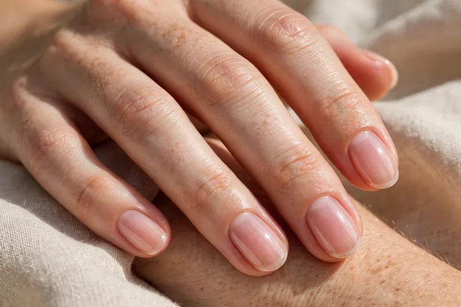 Real hand with barely-there sheer lip oil nails, natural glossy finish