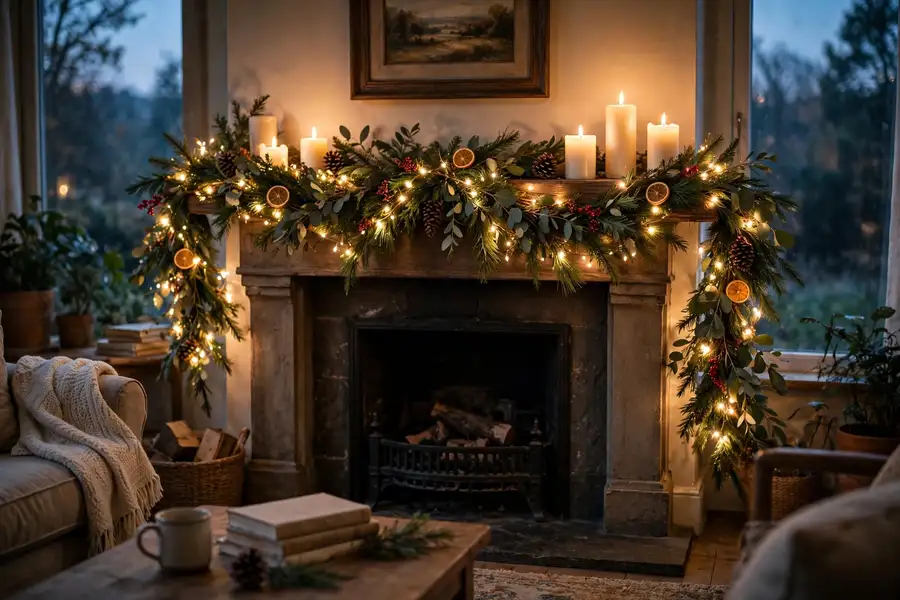 Battery candles and fairy lights glowing in a Christmas mantel garland