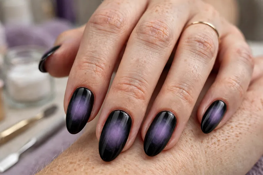 Black aura nails with smoky halo effect, trendy black nails
