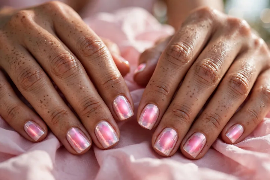 Blush aura jelly pink chrome nails with glowing pink center