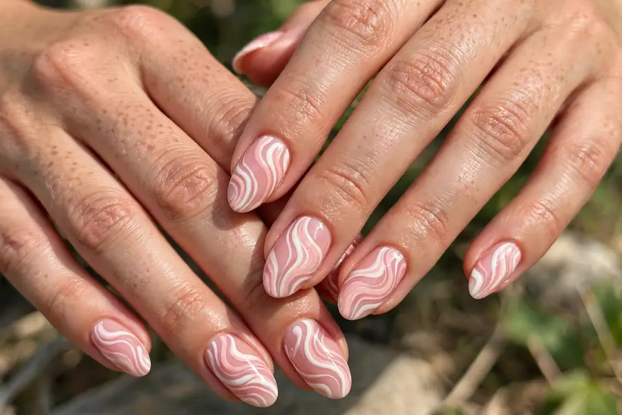 Blush and white swirl nails on real hands with wavy pink and white lines