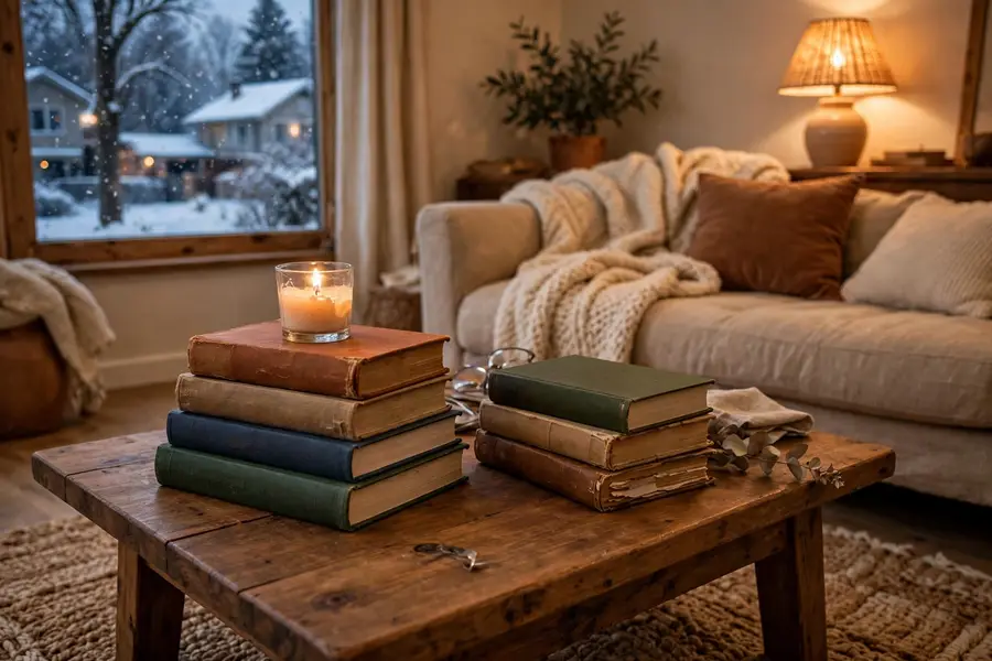stack of books on a coffee table in a cozy winter living room