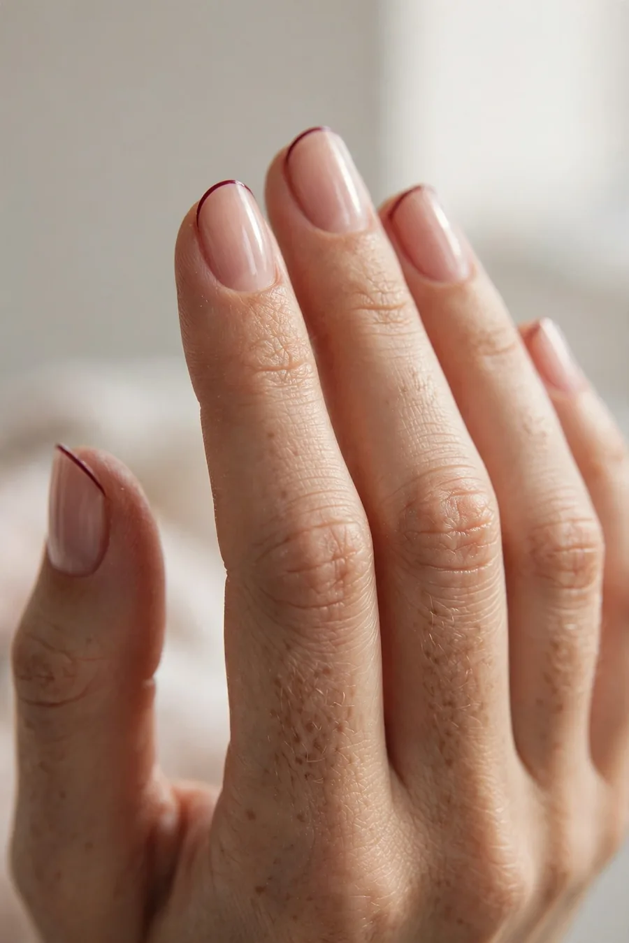 Micro French tips in thin burgundy lines