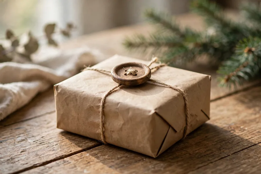 A Christmas gift wrapped in kraft paper closed with a wooden button and twine