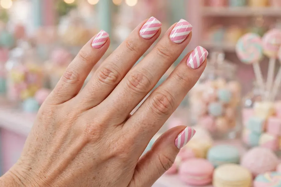 Pink and white candy stripe birthday nails
