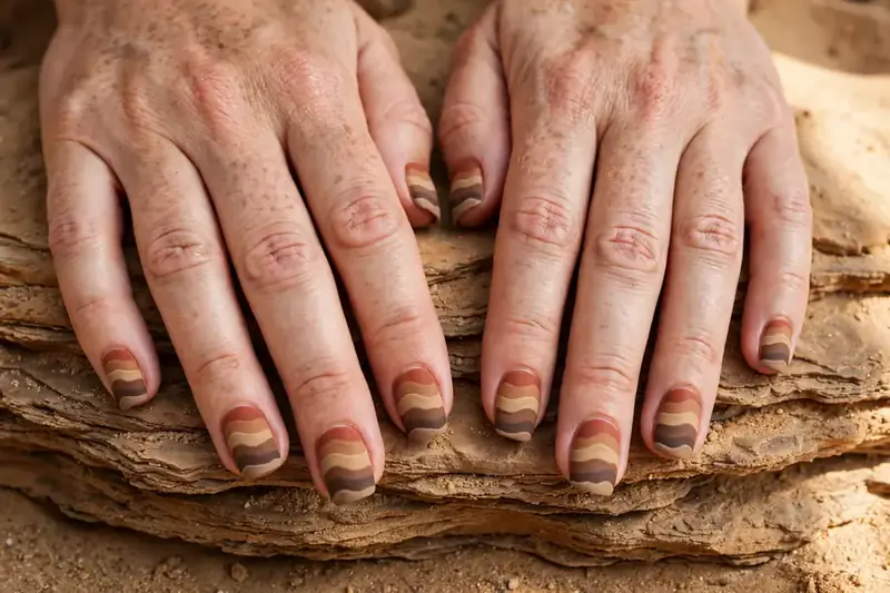 Canyon stripe layered earthy nails on real hands