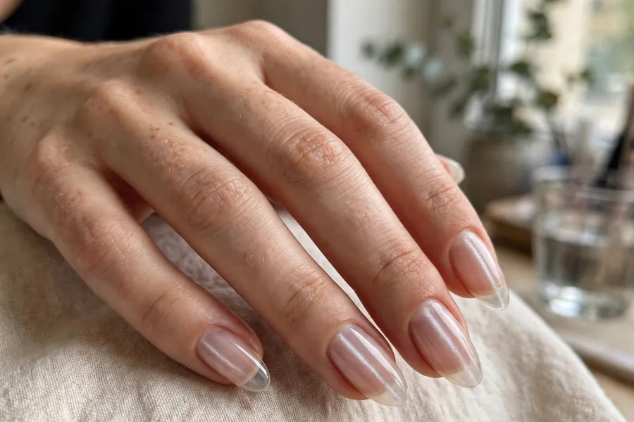 Sheer glass cat-eye nails with subtle shimmer