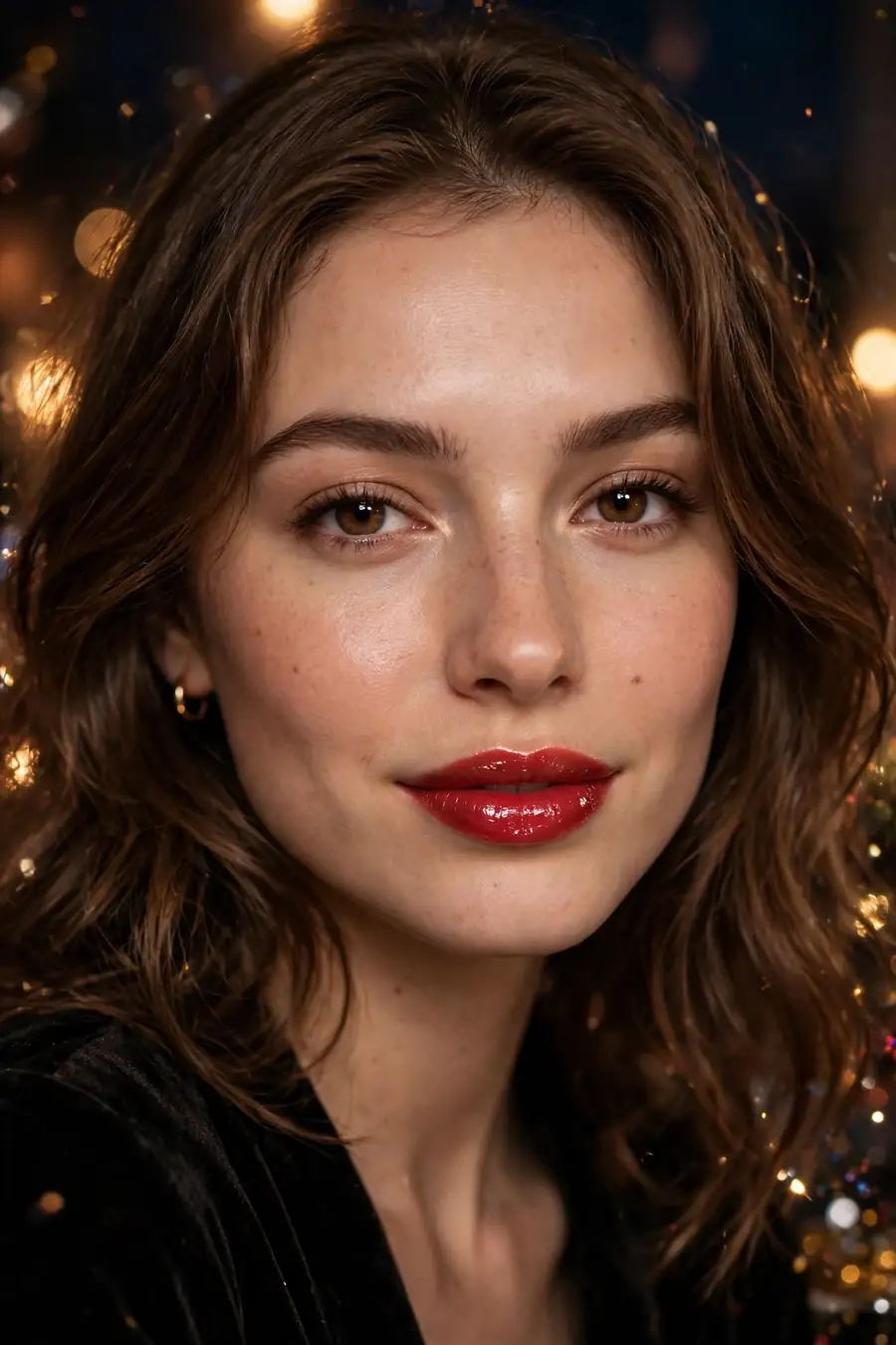 Woman with a glossy cherry red lipstick and fresh makeup for New Year's Eve