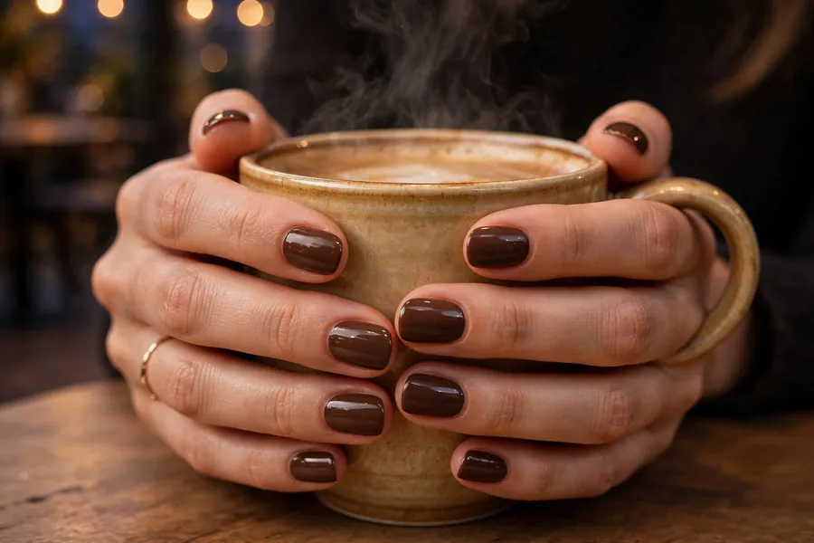 Chocolate mocha brown glossy date night nails on real hands around a coffee cup