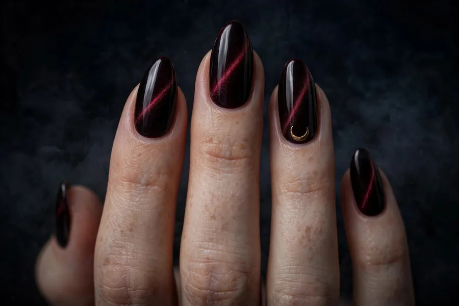 Crescent moon dark red cat eye nails
