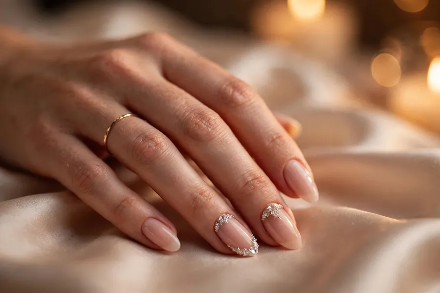 Bridal nails with fine crystal embellishments on accent nails