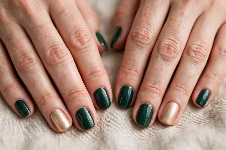 Deep fir green nails with champagne gold accents on real hands