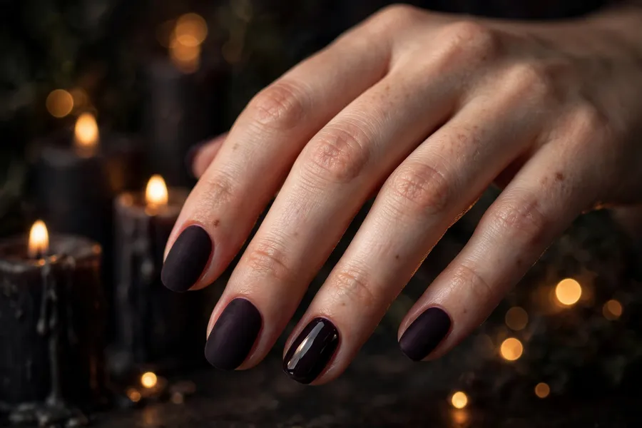 Deep plum velvet december nail ideas in blackened plum with a matte finish