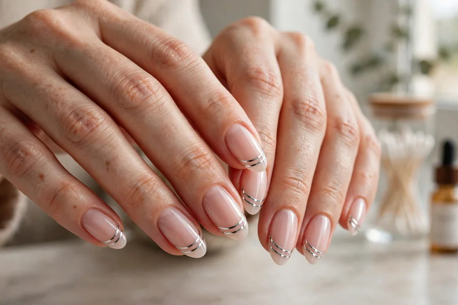 Double French chrome lines on milky white chrome nails