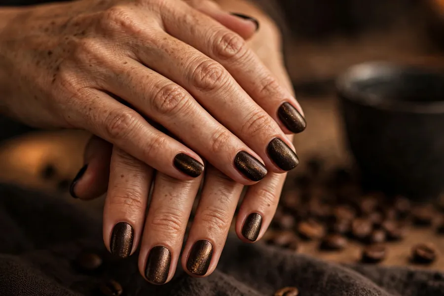 Espresso brown velvet nails on real hands