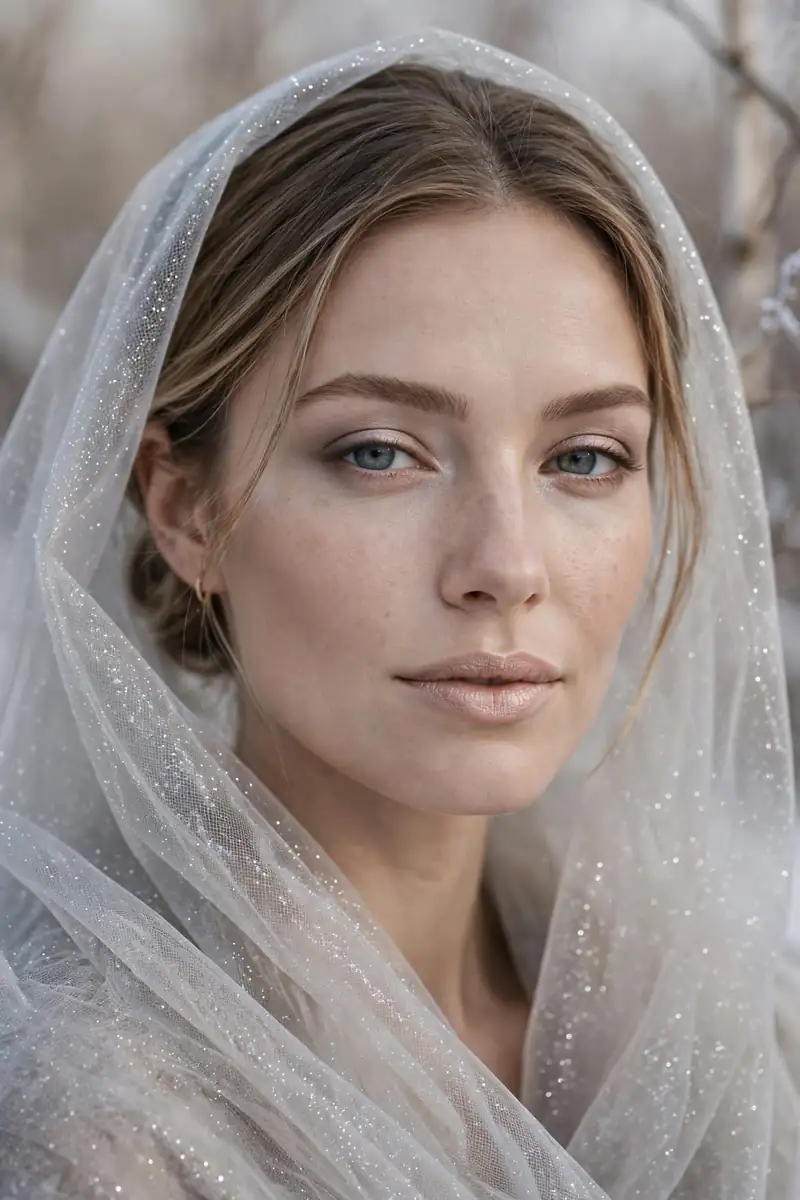 Frosted nude lipstick with a subtle shimmer veil