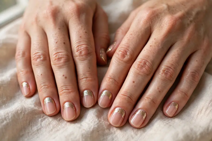 Glitter half moon nails on real hands in soft light