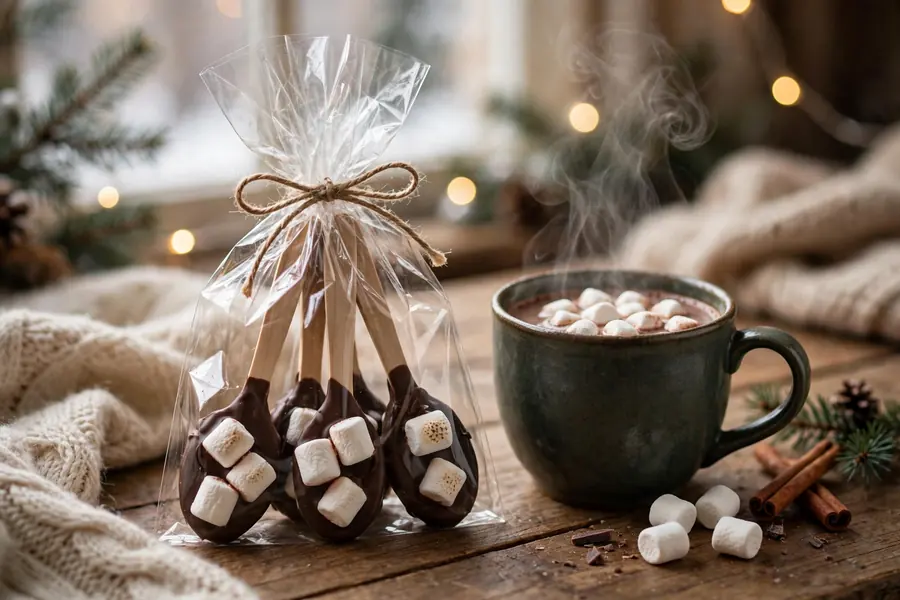 Gourmet hot chocolate spoons with dark chocolate and marshmallows in a gift bag