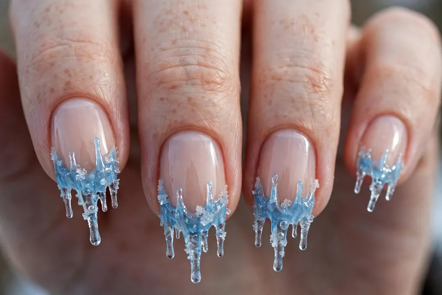 Nude nails with icy blue icicle drip tips