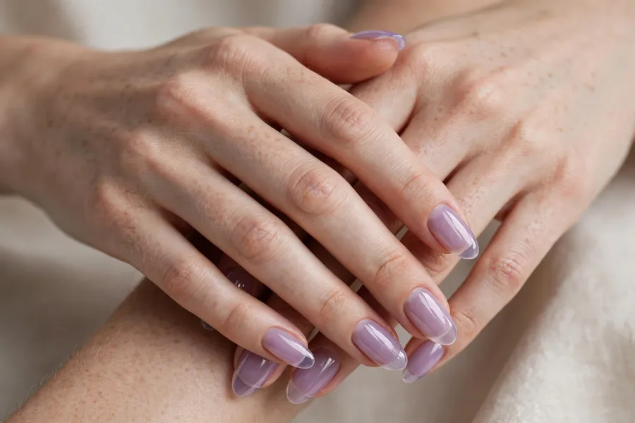 Lavender sheer glass tint nails on real hands