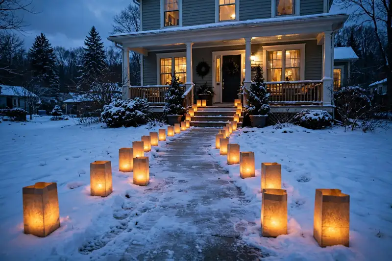 Photorealistic photograph of paper bag luminaries glowing along a snowy front walkway leading to a porch