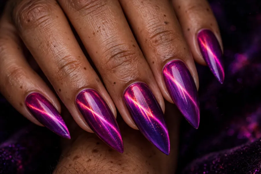 Stiletto nails with magenta-to-violet two tone cat eye nail polish, fiery color shift