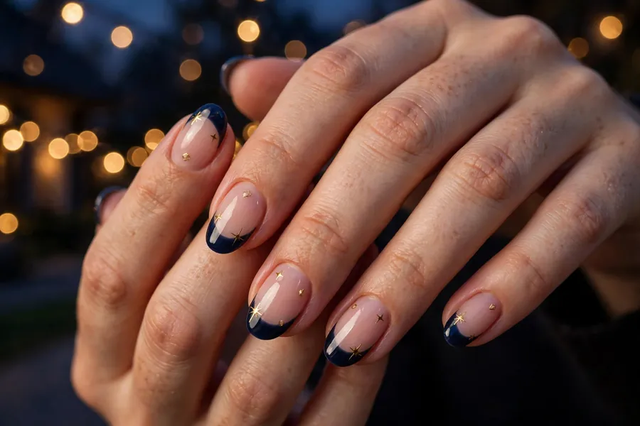 Midnight navy star Christmas French tip nails on real hands under evening lights