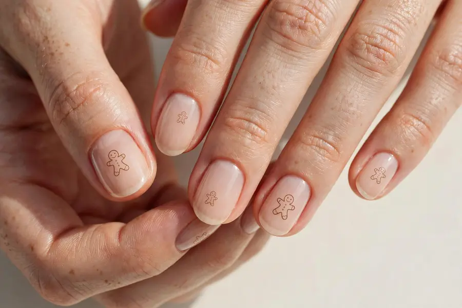 Minimal gingerbread outline nails with fine brown line art on real hands