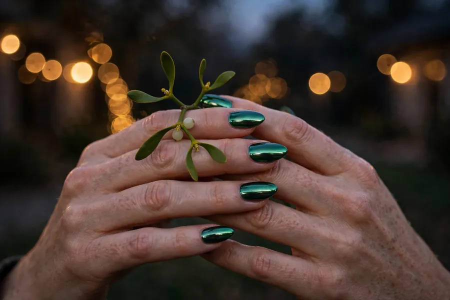 Mistletoe sprig on emerald chrome mistletoe nails on real hands under evening lights