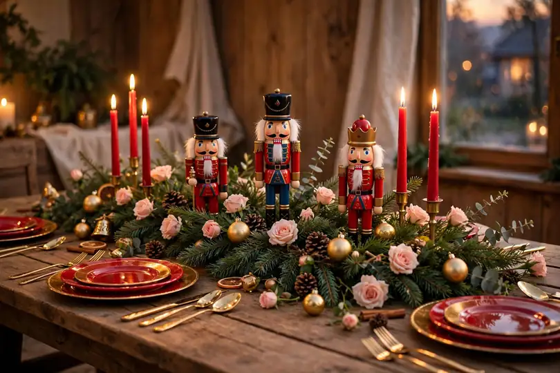 Nutcracker themed christmas table with wooden figurines and red gold decor