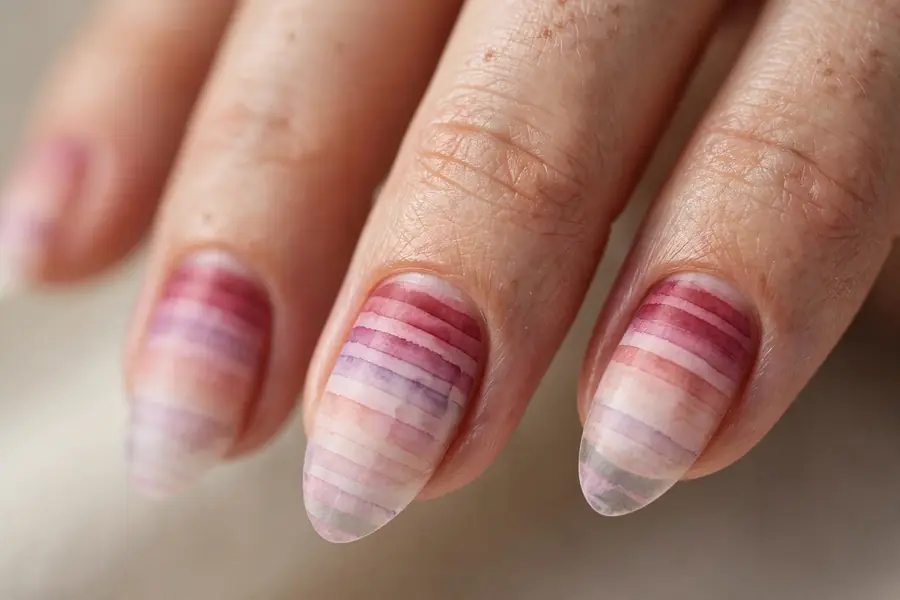 Ombre fade striped almond nails on real hands