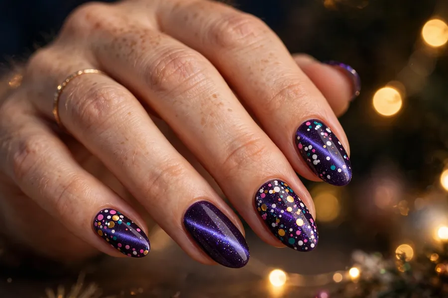 Purple party confetti polka dot cat eye nails with colorful dots