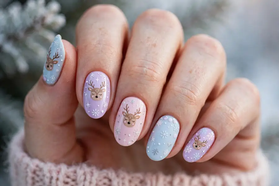 Pastel winter reindeer nails in soft pink and blue on real hands