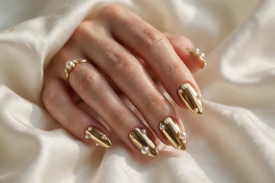 Hand with gold chrome nails adorned with tiny pearls