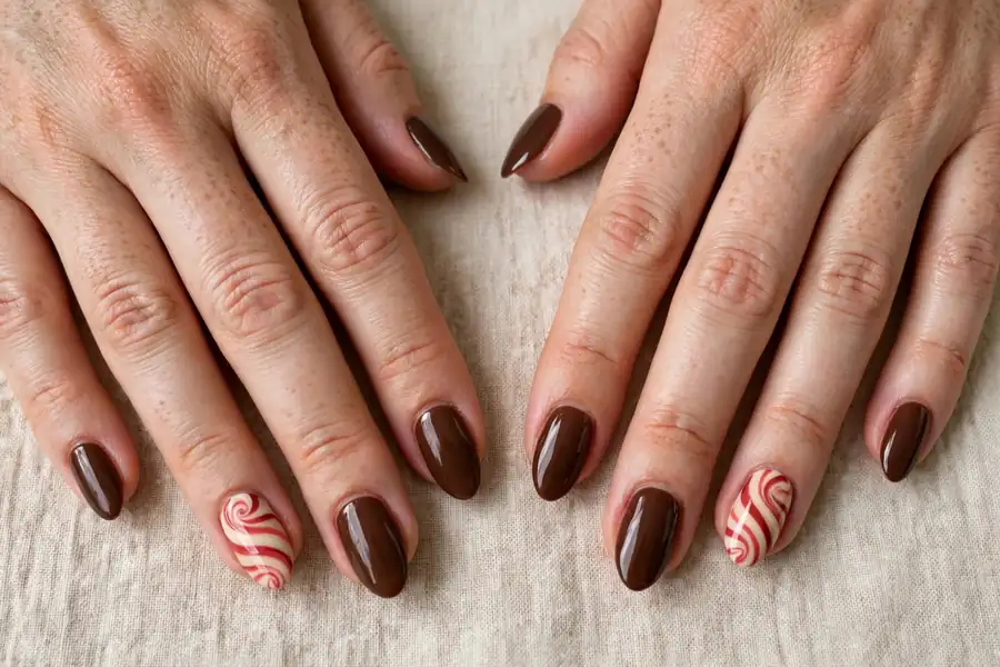 Peppermint cocoa twist hot chocolate nails on real hands