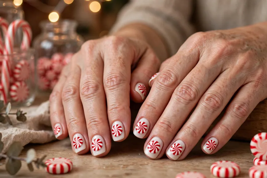 Peppermint pinwheel nails with round candy swirl art on real hands