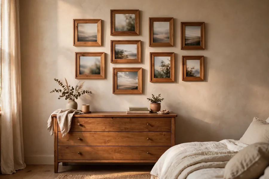 warm wood framed photos on a bedroom wall above a dresser