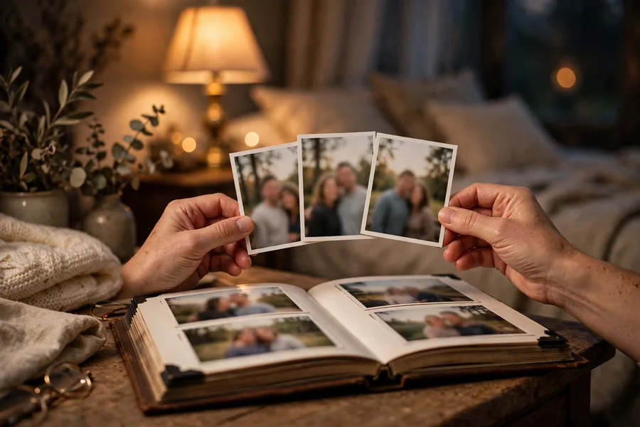 Sorting printed photos and memories for a cozy fall evening