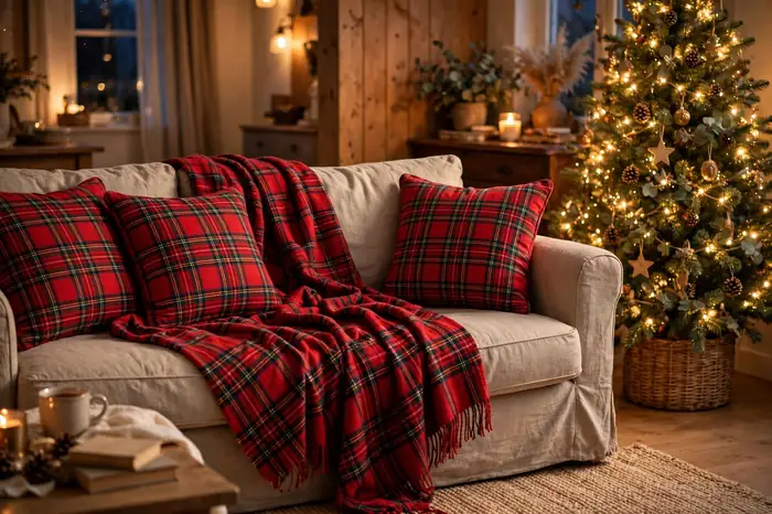 Living room sofa with red plaid throws, cushions and a Christmas tree nearby