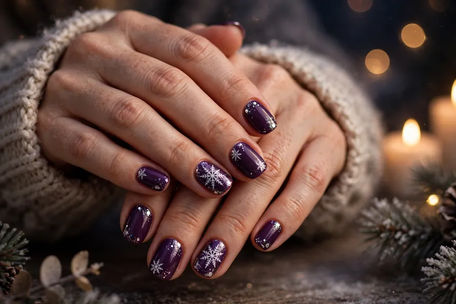Deep plum nails with white snowflake nail art and silver glitter on real hands