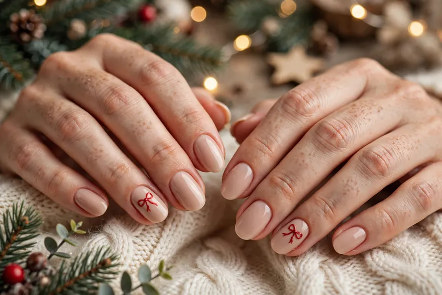 Nude nails with red bow accents